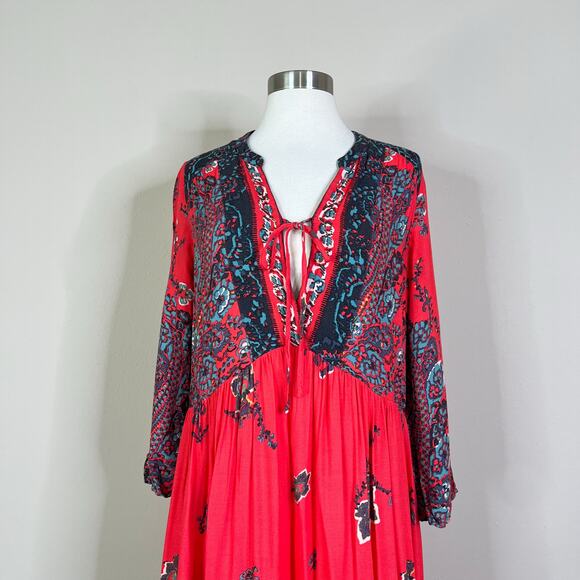 Free People | If Only You Knew Red Floral Slit Flowy Boho Maxi Dress EUC XS - Picture 4 of 12